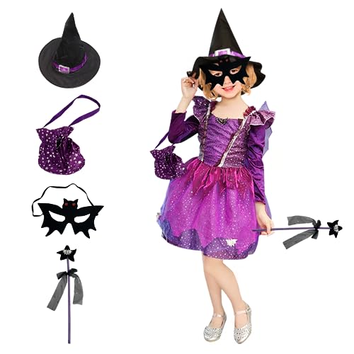 YAWMLYE Karneval Mädchen Hexenkostüm Zauberer Kostüm - Faschingskostüme Lila Hexe Kinder Kostüme für Fasching Cosplay (120cm) von YAWMLYE