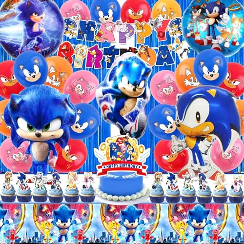 Sonic Geburtstagsdeko, 53 Stück Sonic Geburtstag Party Set, Sonic Deko, Sonic Kindergeburtstag, Sonic Tortendeko, Sonic Luftballon, Fahnen, Tischdecke, Geeignet für Kindergeburtstage von YAXMME