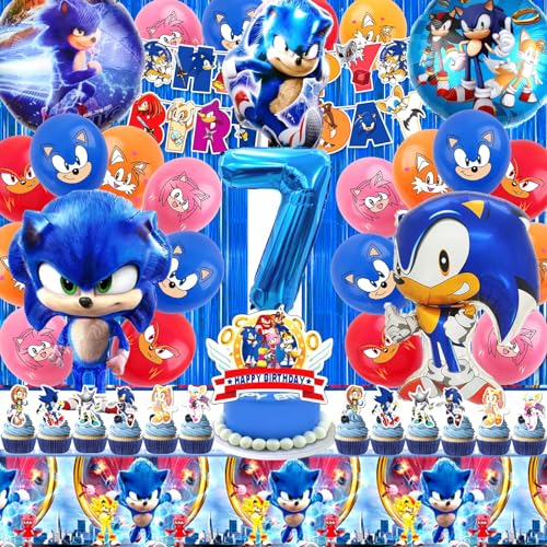Sonic Geburtstagsdeko 7 Jahre, 54 Stück Sonic Geburtstag Party Set, Sonic Deko, Sonic Kindergeburtstag, Sonic Tortendeko, Sonic Luftballon, Fahnen, Tischdecke, Geeignet für Kindergeburtstage von YAXMME