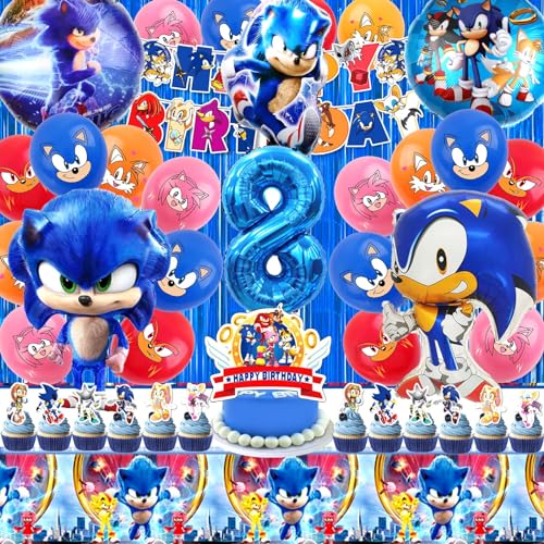 Sonic Geburtstagsdeko 8 Jahre, 54 Stück Sonic Geburtstag Party Set, Sonic Deko, Sonic Kindergeburtstag, Sonic Tortendeko, Sonic Luftballon, Fahnen, Tischdecke, Geeignet für Kindergeburtstage von YAXMME