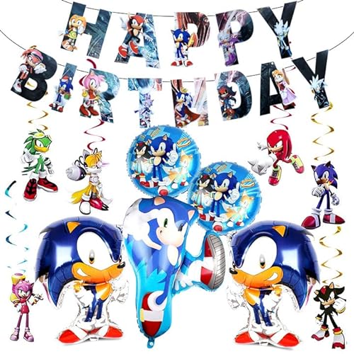 Sonic Luftballons Deko,12 Pièce Sonic Geburtstagsdeko,Sonic party luftballon,Sonic Foil Helium Ballons mit Happy Birthday Banner,Kindergeburtstag Dekoration von YAXMME