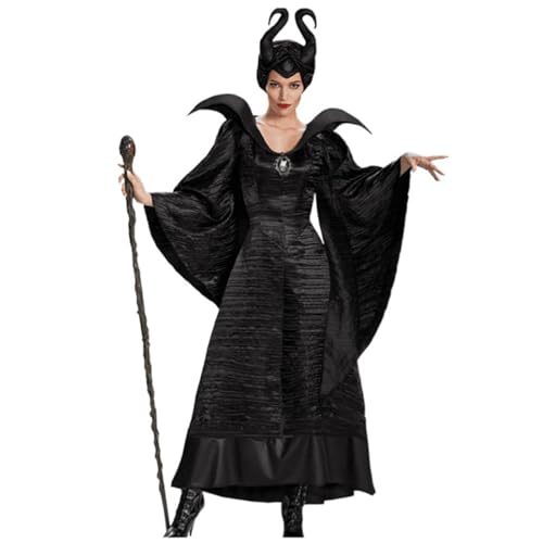 Halloween Cosplay Kostüm Maleficent Dark Witch Dämonenkönigin Kostüm,Weibliches Karnevalskostüm Schwarzes Kleid Mit Kopfbedeckung A,XXL von YAXRO