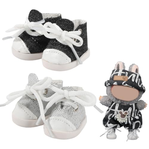 YAYNO 2 Paar Mini-Puppenschuhe Süße Schnürschuhe aus Canvas für 17cm/15cm Große Plüschpuppen Griffbrettschuhe Spielzeug-Outfit-Accessoires (Grau und Schwarz) von YAYNO