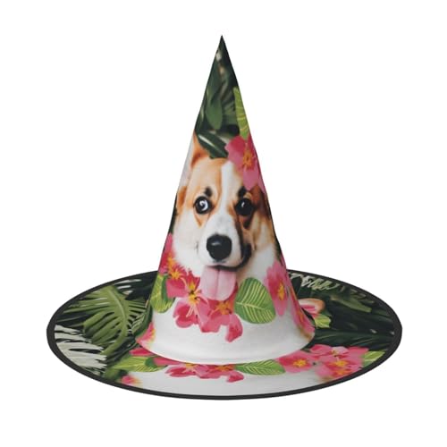 YBAOFU Faltbarer spitzer Spitzen-Hexenhut für Halloween-Partydekorationen 1PCS - tropische Blume und Corgi von YBAOFU