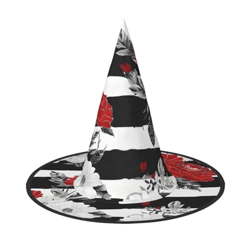 YBAOFU Hexenhut für Damen, spitz, faltbar, für Halloween-Party-Dekoration, 1 Stück, schwarz-weiße Streifen, rote Rosen YBAOFU Hexenhut für Damen, spitz, faltbar, für Halloween-Party-Dekoration, 1 Stück, schwarz-weiße Streifen, rote Rosen von YBAOFU