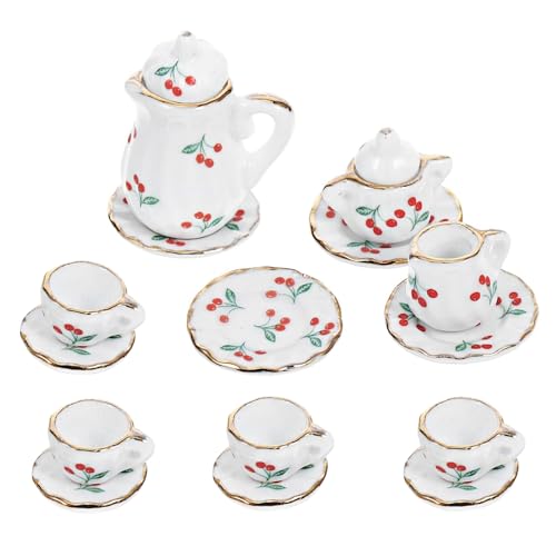 15 Stück Mini Porzellan Teeservice Geschirr Miniatur Teeservice Porzellan Geschirr Miniatur Puppenhaus Teeset Set für 1/12 oder 6/1 uppen Zubehör Puppenküche Teller Szenenmodelle(Kirsche) von YBFBSJK