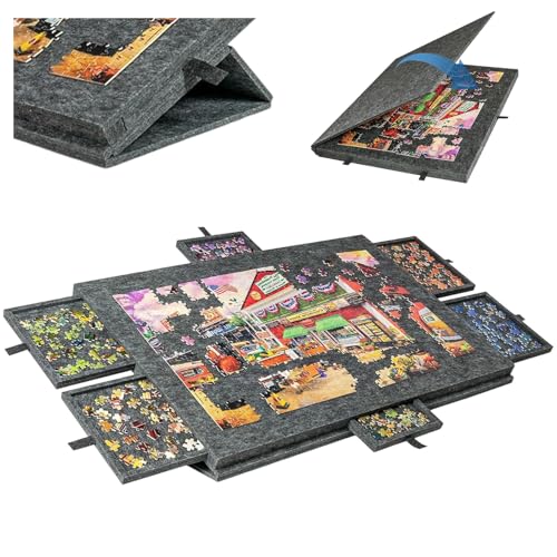 YCBTREE Puzzletisch 1000 Teile – Kippbares Puzzlebrett mit 2-in-1 Ständer & Abdeckung, Superleichtes Filz Puzzle Board mit 6 Schubladen, Tragbare Puzzleplatte, rutschfeste Oberfläche (Dunkelgrau) von YCBTREE
