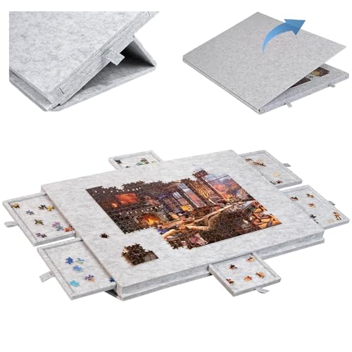 YCBTREE Puzzletisch 1000 Teile – Kippbares Puzzlebrett mit 2-in-1 Ständer & Abdeckung, Superleichtes Filz Puzzle Board mit 6 Schubladen, Tragbare Puzzleplatte, rutschfeste Oberfläche (Hellgrau) von YCBTREE