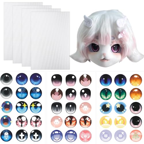 YCCOKJJ Cosplay Augen Mesh mit Augen Aufkleber Set, Fursuit Eye Mesh 4Pcs PVC Augennetz Wasserdicht Bedruckbares 0,5mm Dick Mesh und 3 Blatt Aufkleber(1 Blatt/15 Augen) für DIY Furries Therian Mask-A von YCCOKJJ