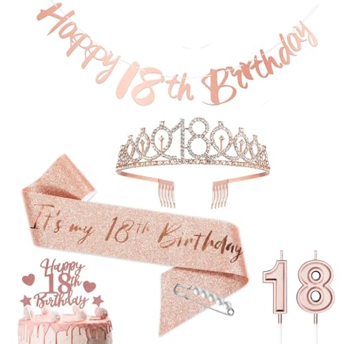 18. Geburtstag Krone und Schärpe, Happy 18th Birthday Roségold Tiara für Mädchen, 18 Geburtstag Kerzen Kuchen Cake Topper Banner Geburtstagparty Dekoration Zubehör für Prinzessin Frauen Geschenke 18. Geburtstag Krone und Schärpe, Happy 18th Birthday Roségold Tiara für Mädchen, 18 Geburtstag Kerzen Kuchen Cake Topper Banner Geburtstagparty Dekoration Zubehör für Prinzessin Frauen Geschenke von YCFAIIKG
