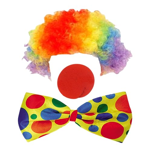 YCHUCH Clown-Kostüm-Set, Regenbogen-Clown-Perücke, Clown-Hut, Nase, Fliege, Zubehör für Halloween-Partys, Karneval, Cosplay-Partys von YCHUCH