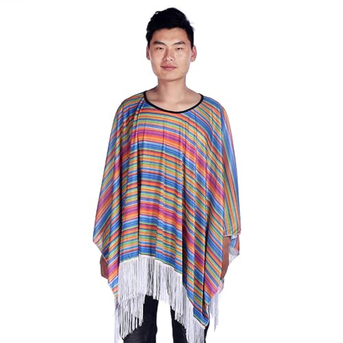 YCHUCH Mexikaner-Poncho mit Sombrero-Hut-Set für Kinder und Erwachsene, buntes Party-Kostüm-Zubehör mit Maracas-Schnurrbart von YCHUCH
