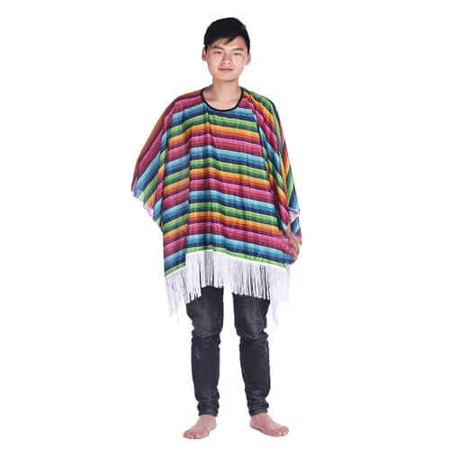YCHUCH Mexikaner-Poncho mit Sombrero-Hut-Set für Kinder und Erwachsene, buntes Party-Kostüm-Zubehör mit Maracas-Schnurrbart von YCHUCH