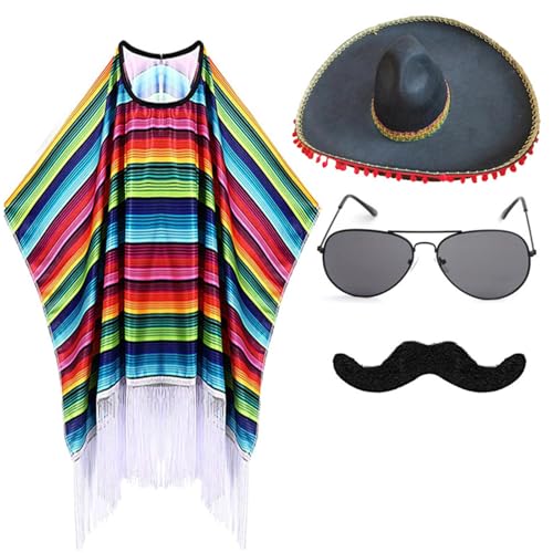 YCHUCH Mexikaner-Poncho mit Sombrero-Hut-Set für Kinder und Erwachsene, buntes Party-Kostüm-Zubehör mit Maracas-Schnurrbart von YCHUCH
