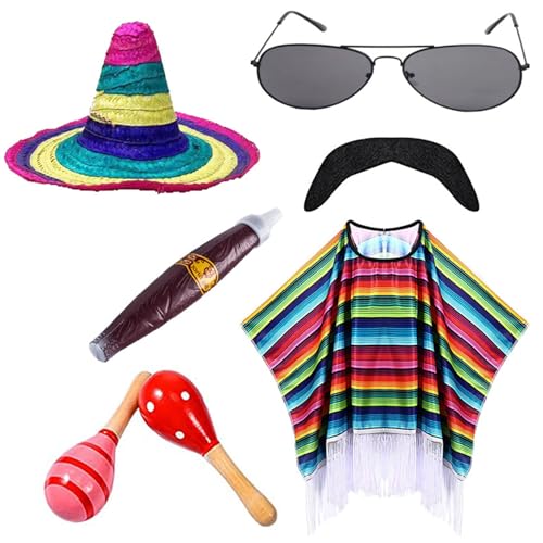 YCHUCH Mexikaner-Poncho mit Sombrero-Hut-Set für Kinder und Erwachsene, buntes Party-Kostüm-Zubehör mit Maracas-Schnurrbart von YCHUCH