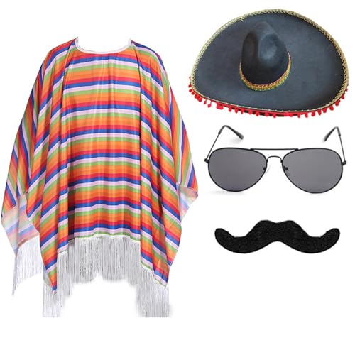 YCHUCH Mexikaner-Poncho mit Sombrero-Hut-Set für Kinder und Erwachsene, buntes Party-Kostüm-Zubehör mit Maracas-Schnurrbart von YCHUCH
