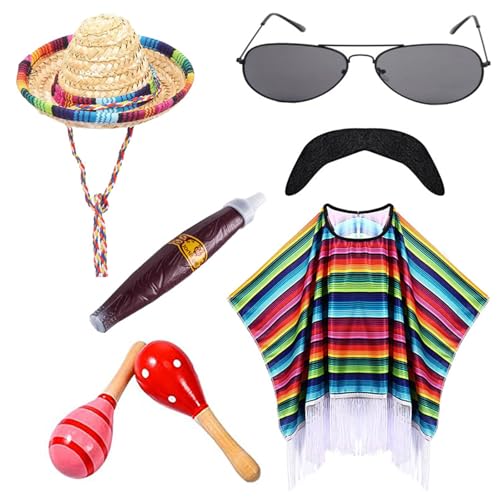 YCHUCH Mexikaner-Poncho mit Sombrero-Hut-Set für Kinder und Erwachsene, buntes Party-Kostüm-Zubehör mit Maracas-Schnurrbart von YCHUCH