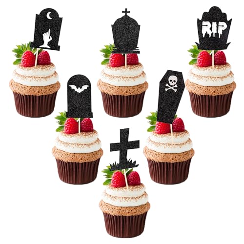 24 Stück Halloween Cupcake Toppers, Fledermaus Muffin Deko, Schwarz Bat Kuchen Deko, Glitzer Fledermäusen Tortendeko, für Halloween Theme Baby Shower Birthday Party Cake Dekoration von YCICHE