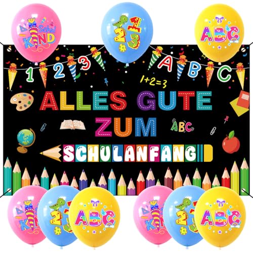 Einschulung Banner Deko mit 9 Schulkind Ballons, Alles Gute Zum Schulanfang Banner für Schulanfang Dekoration, Kinder Schuleinführung Hintergrund Deko, Einschulung Party für Mädchen Jungen (180×110cm) von YCICHE