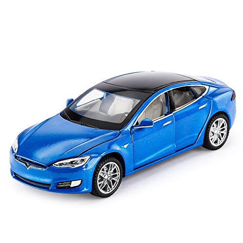 YCNXEB Miniatur Modelle 1 32 Für Tesla-Legierung Simulation Sportwagen-Modell Sound Und Licht Zurückziehen Kinderspielzeug Nachbildung(Blau) von YCNXEB