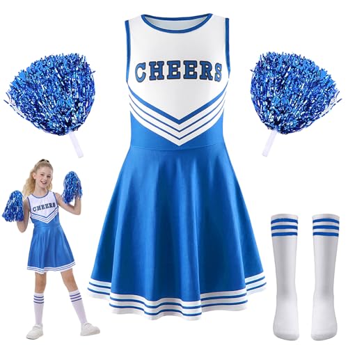 Cheerleader Kostüm Kinder,Cheerleader Pompoms,Cheerleadering Outfit Mädchen mit Pompons,Socken,Cheerleadering Outfit,für Verkleidung Karneval Party Cosplay Fasching Halloween,8-9 Jahre,BlauTag 140 von YCSYHQQX