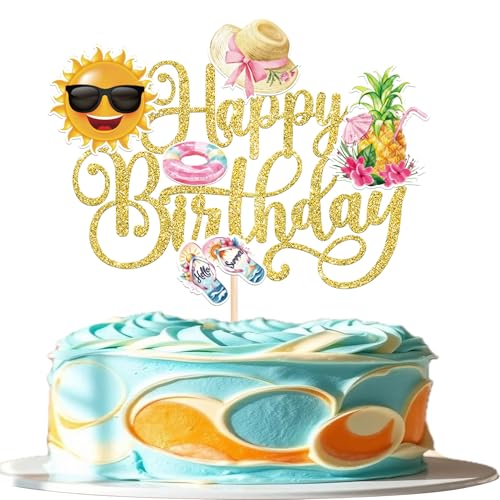 1 Packung Summer Beach Happy Birthday Cake Topper Tropical Hawaiian Luau Cake Pick Glitter Plam Leave Holiday Cupcake Dekoration für Sommer Baby Shower Geburtstag Party Gold 1 Packung Summer Beach Happy Birthday Cake Topper Tropical Hawaiian Luau Cake Pick Glitter Plam Leave Holiday Cupcake Dekoration für Sommer Baby Shower Geburtstag Party Gold von YCTHUNFISH