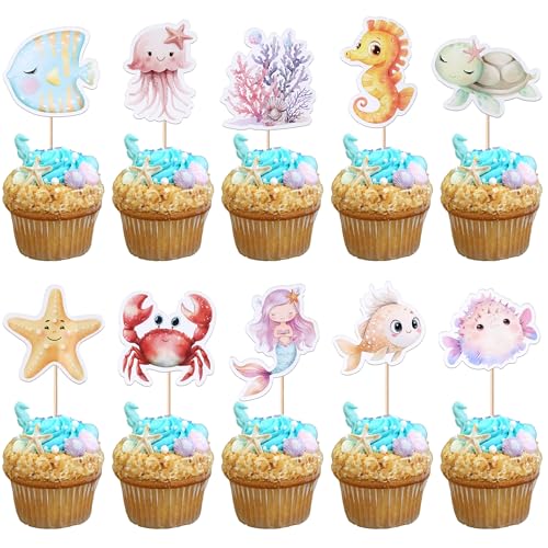 Cupcake-Topper mit Meerestieren, Glitzer, Seestern, Nilpferd, Seetang, Ozean, Meerestier, Kreatur, Marine, Cupcake-Picks, Kindergeburtstag, Babyparty, Sommer, Kuchendekorationen, 24 Stück Cupcake-Topper mit Meerestieren, Glitzer, Seestern, Nilpferd, Seetang, Ozean, Meerestier, Kreatur, Marine, Cupcake-Picks, Kindergeburtstag, Babyparty, Sommer, Kuchendekorationen, 24 Stück von YCTHUNFISH