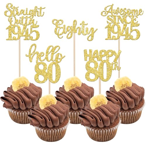 Cupcake-Topper zum 80. Geburtstag von 1944 mit Aufschrift "Happy 80th Eighty Awesome Since 1944", 80 wunderschöne Kuchendekorationen zum 80. Geburtstag, 30 Stück Cupcake-Topper zum 80. Geburtstag von 1944 mit Aufschrift "Happy 80th Eighty Awesome Since 1944", 80 wunderschöne Kuchendekorationen zum 80. Geburtstag, 30 Stück von YCTHUNFISH