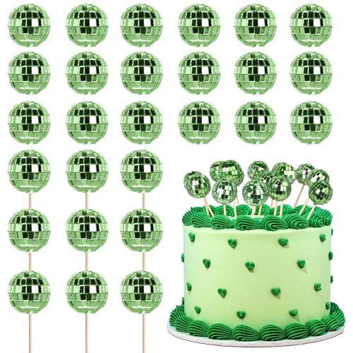 Discokugel-Kuchenaufsätze, 1970er-Jahre, Disco-Kuchenaufsätze für Nachtfieber, Spiegelkugel, Party, Thema, 1970er-Jahre, Kuchendekorationen, Partyzubehör, Grün, 24 Stück von YCTHUNFISH
