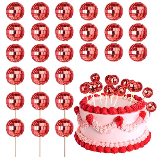 Discokugel-Kuchenaufsätze, 1970er-Jahre, Disco-Kuchenaufsätze für Nachtfieber, Spiegelkugel, Party, Thema, 1970er-Jahre, Kuchendekorationen, Partyzubehör, Rot, 24 Stück von YCTHUNFISH