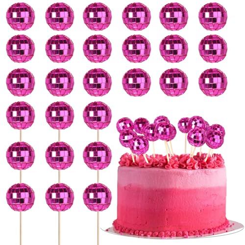 Discokugel-Kuchenaufsätze, 1970er-Jahre, Disco-Kuchenaufsätze für Nachtfieber, Spiegelkugel, Party, Thema, 1970er-Jahre-Kuchendekorationen, Partyzubehör, Rot, Rosa, 24 Stück von YCTHUNFISH