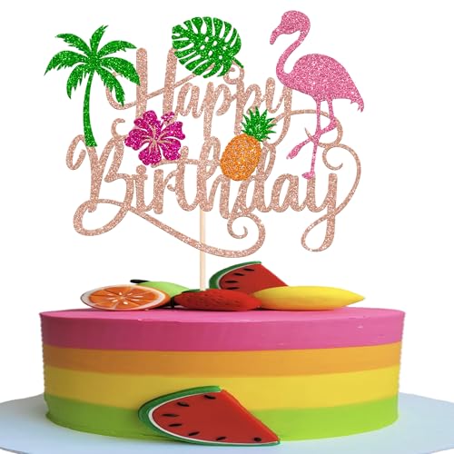 Kuchenaufsatz "Happy Birthday", tropisch, hawaiianischer Luau-Kuchenaufsatz, Glitzer, Flamingo, Plam, Blätter, Ananas, Cupcake-Dekoration für Sommer, Babyparty, Geburtstag, Party, Zubehör, Roségold, 1 Kuchenaufsatz "Happy Birthday", tropisch, hawaiianischer Luau-Kuchenaufsatz, Glitzer, Flamingo, Plam, Blätter, Ananas, Cupcake-Dekoration für Sommer, Babyparty, Geburtstag, Party, Zubehör, Roségold, 1 von YCTHUNFISH