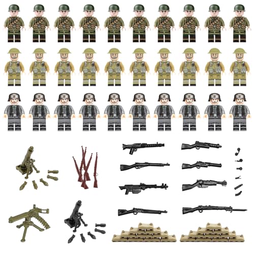 Soldier Action Figures, 30 Mini Figures Military Kit, Mörser*2 + Maschinengewehr & Zubehör Mini Figures Military Kit, WW2 Armee Spielzeuge zum Figuren für Kinder Geschenk von YCZCHE14