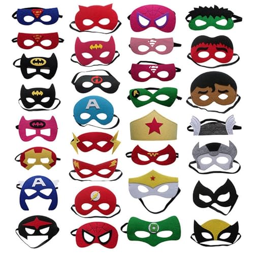 YDAKGUEY 32 Stück Superhelden-Masken, Superhelden-Cosplay-Party-Maske für Jungen, Mädchen, Jungen und Mädchen, Filz-Augenmaske für Cosplay, Maskerade, Geburtstage und Themenpartys von YDAKGUEY
