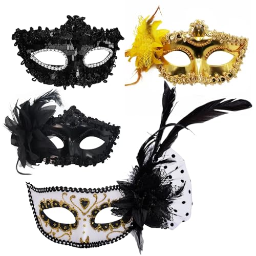 YDAKGUEY 4 Stück Maskerade Maske für Frauen, venezianische Masken mit 4 Stilen, Karneval, Abschlussball, Ball, Fasching, Karneval, Tag der Toten, Halloween, Tanzparty, Weihnachtsbedarf von YDAKGUEY