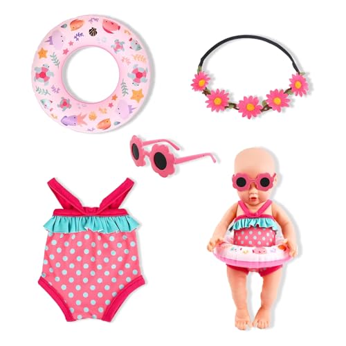4-Teiliges Puppen-Schwimmset, Sommer-Puppenzubehör mit Badeanzug, Schwimmring, Haarband, Sonnenbrille – für 35-45 cm Schwimmpuppen (Rosa-A) von YDUNARISE
