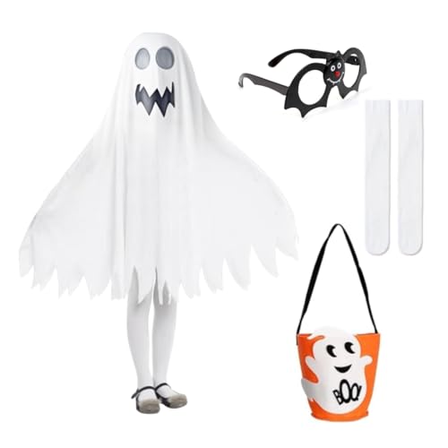 YDUNARISE Halloween Kostüm Kinder Geist,Gespenst Weiß Ghost Umhang mit Geistergesicht,mit Brillen,Wadenstrümpfe & Taschen,für Karnevals Fasching Cosplay Mottoparty (A, S=100-110) von YDUNARISE