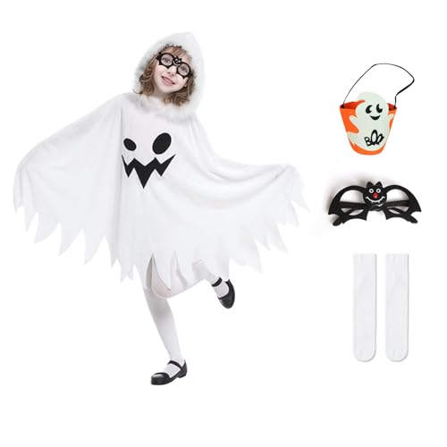 YDUNARISE Halloween Kostüm Kinder Geist,Gespenst Weiß Ghost Umhang mit Geistergesicht,mit Brillen,Wadenstrümpfe & Taschen,für Karnevals Fasching Cosplay Mottoparty (B, S=100-110) von YDUNARISE