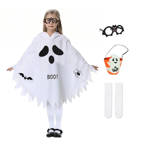 YDUNARISE Halloween Kostüm Kinder Geist,Gespenst Weiß Ghost Umhang mit Geistergesicht,mit Brillen,Wadenstrümpfe & Taschen,für Karnevals Fasching Cosplay Mottoparty (C, M=120-130) von YDUNARISE