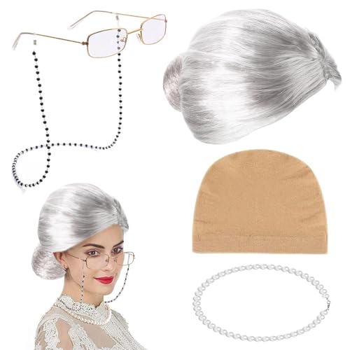 YDYSAA Oma Perücke Kostüm Set 5 Stück oma kostüm alte frau Perücke Oma Alte Frau oma perücke grau Alte Dame Perücke Old Lady Kostüm Oma Brille mit Kette für Fasching Karneval Halloween Damen Mädchen YDYSAA Oma Perücke Kostüm Set 5 Stück oma kostüm alte frau Perücke Oma Alte Frau oma perücke grau Alte Dame Perücke Old Lady Kostüm Oma Brille mit Kette für Fasching Karneval Halloween Damen Mädchen von YDYSAA