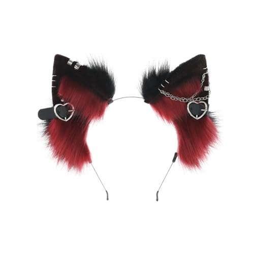 YDZYFFS 1 Stück Katzenohren-Stirnband, Pelzohren-Kopfbedeckung Mit Metallherz Und Kettendekor, Gothic Punk Therian-Ohren, Tierohren-Haarband Für Cosplay-Kostüm(Red) von YDZYFFS