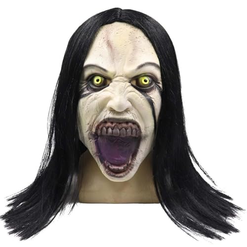 YDZYFFS Halloween-Maske, Eine Furchterregende Maske Einer Weinenden Frau Mit Perücke. Eine Gruselige, Böse Weibliche Geister-Latexmaske Für Den Ganzen Kopf von YDZYFFS