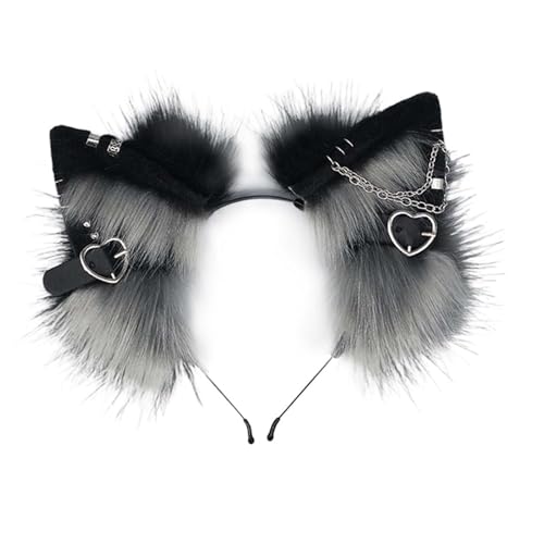 YDZYFFS Pelzohren-Kopfbedeckung Mit Metallherz Und Kettendekor, 1 Stück Katzenohren-Stirnband, Gothic Punk Therian-Ohren, Tierohren-Haarband Für Cosplay-Kostüm(Gray) von YDZYFFS