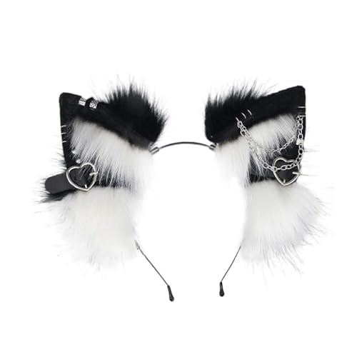 YDZYFFS Pelzohren-Kopfbedeckung Mit Metallherz Und Kettendekor, 1 Stück Katzenohren-Stirnband, Gothic Punk Therian-Ohren, Tierohren-Haarband Für Cosplay-Kostüm(White) von YDZYFFS