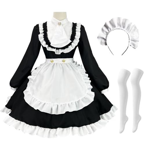 YEAJION Britisches Maid Dress Damen Anime Outfit Maid Kleid Niedliche Lolita Kleid Dienstmädchen Kostüm für Café Restaurant Halloween Karneval Cosplay Maid Kostüm Komplettes Set Größe S-5XL von YEAJION