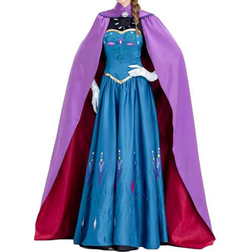 YEAJION Damen Anna Prinzessin Kleid mit Perücke Schneekönigin Verkleidung Prinzessin Anna Cosplay Kostüm Weihnachten Halloween Karneval Party Bühnenauftritt Kostüm für Erwachsene von YEAJION