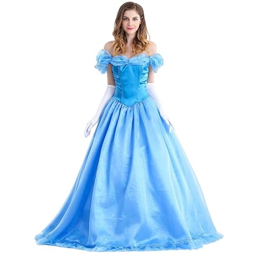 YEAJION Damen Cinderella Prinzessin Kleid mit Handschuhen Aschenputtel Verkleidung Prinzessin Kostüm Blau Abendkleid Weihnachten Halloween Karneval Party Bühnenauftritt Kostüm für Erwachsene von YEAJION