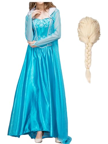 YEAJION Damen Elsa Prinzessin Kleid mit Perücke Schneekönigin Verkleidung Prinzessin Elsa Cosplay Kostüm Weihnachten Halloween Karneval Party Bühnenauftritt Kostüm für Erwachsene von YEAJION