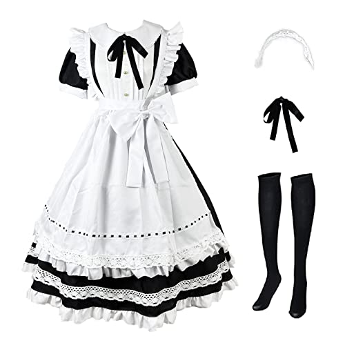 YEAJION Damen Maid Dress Anime Maid Kleid Tradition Britisches Dienstmädchen Kostüm Niedliche Lolita Kleid Halloween Karneval Party Cosplay Maid Kostüm Lang von YEAJION