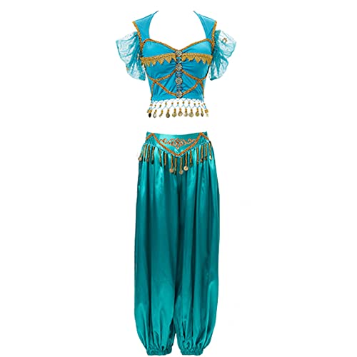 YEAJION Damen Prinzessin Jasmin Kostüm mit Zubehör Prinzessin Aladdin Cosplay Kostüm Bauchtanz Outfit Halloween Karneval Party Bühnenauftritt Kostüm für Erwachsene, L von YEAJION